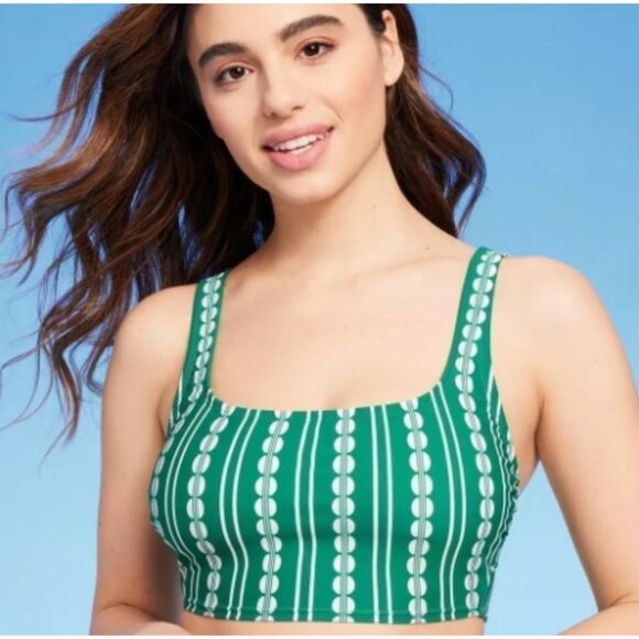 Kona Sol Other - KONA SOL BIKINI TOP LONGLINE PULLOVER SQUARE NECK GLOBAL PRINT SWIM SUIT GREEN